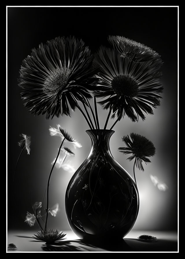 Monochrome dandelion flowers in vase with blowing seeds against backlit backdrop