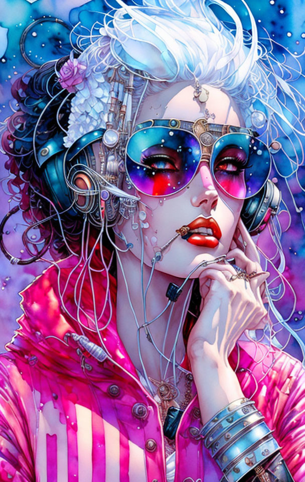 Cybernetically enhanced woman in futuristic setting with pink jacket and sunglasses