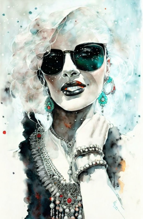 Stylized portrait of fashionable woman with curly hair and sunglasses