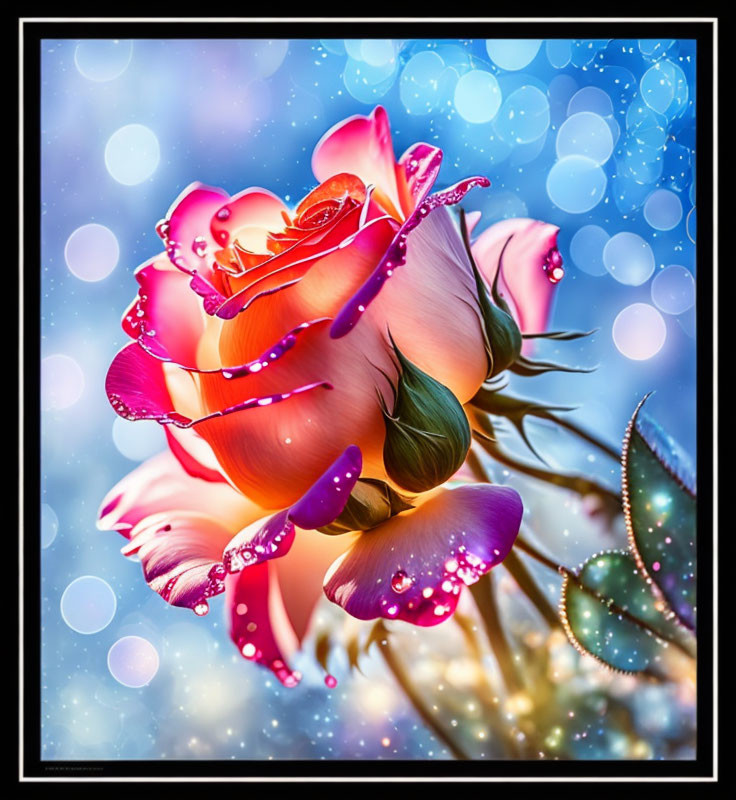 Vibrant rose with dewdrops on petals against blue bokeh.