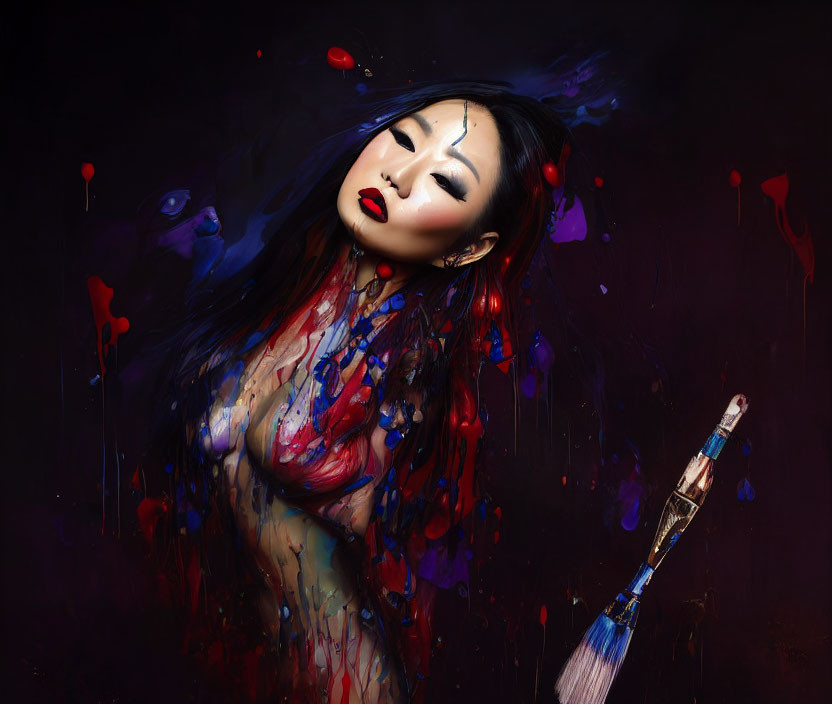 Woman with dramatic makeup and vivid paint splashes on dark background with paintbrush.