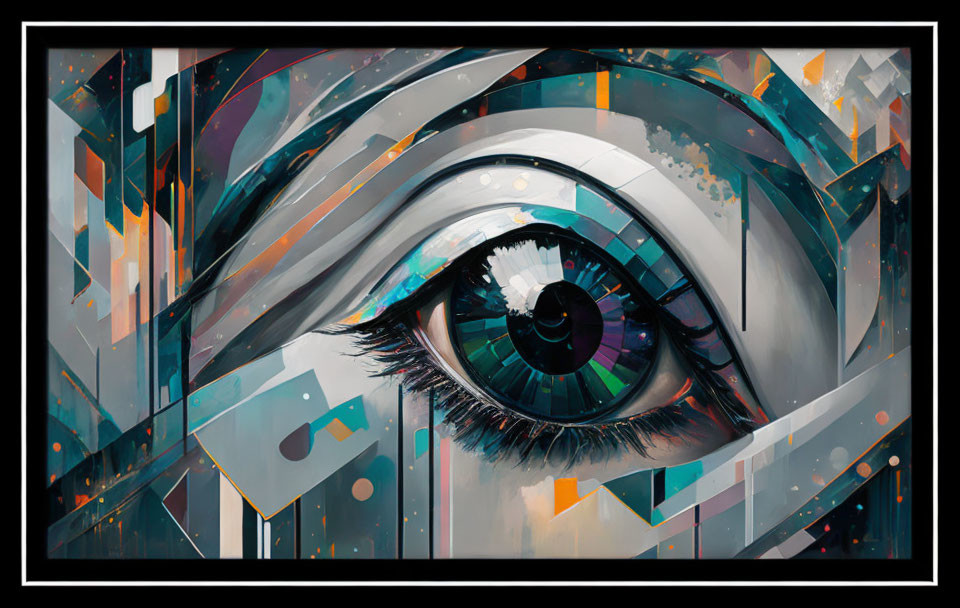 Abstract futuristic eye painting with geometric shapes and vivid colors