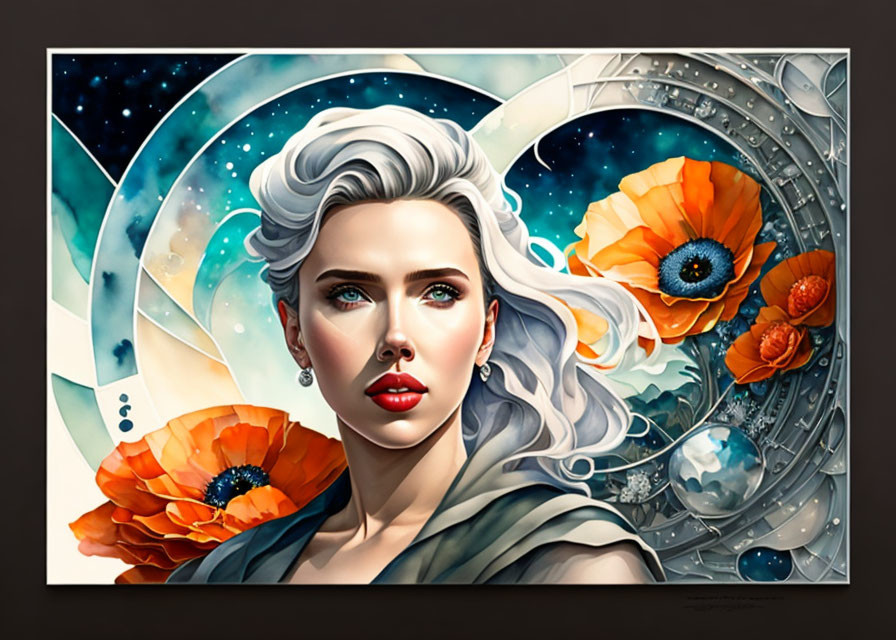 Stylized portrait of woman with silver hair surrounded by poppies, celestial bodies, and mechanical details