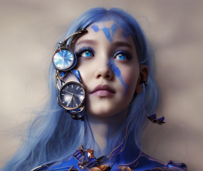 Surrealist portrait featuring person with blue hair and clock elements.