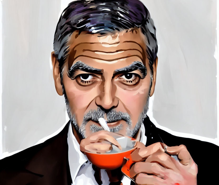 Silver-haired man with stubble holding cup and cigarette.