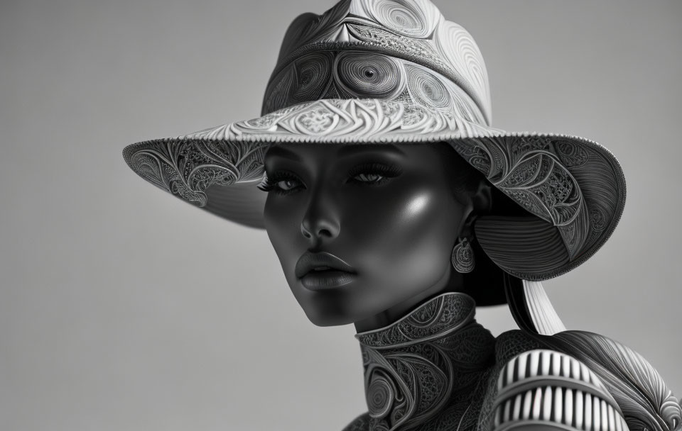 Monochrome image of stylized female figure with intricate patterns on hat and clothing