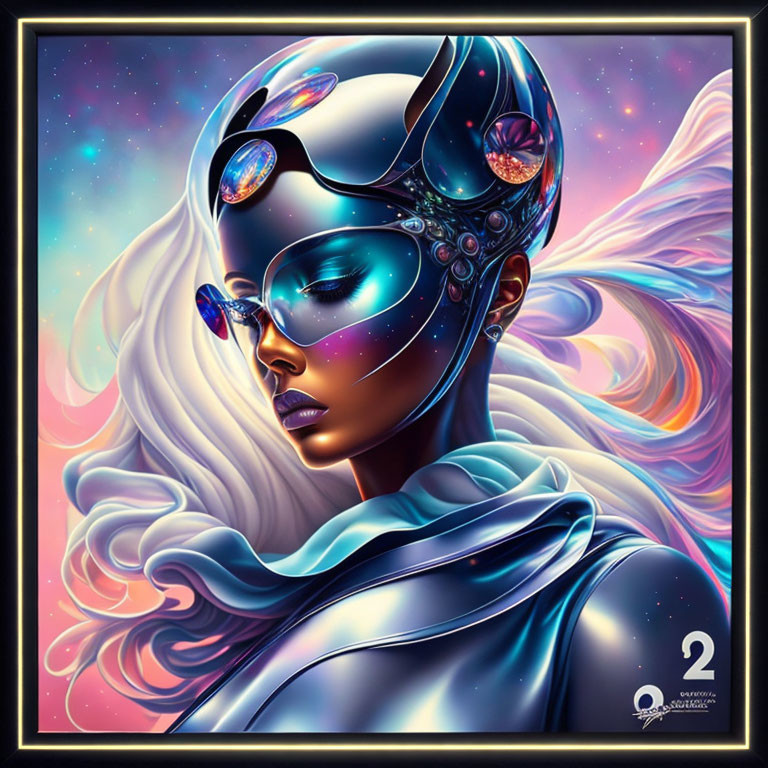 Stylized illustration of woman with ethereal wings and futuristic helmet