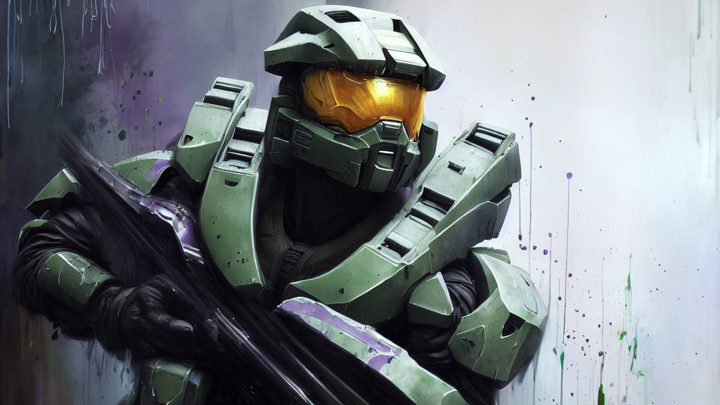 Futuristic soldier in green armor with gold visor on paint splattered backdrop