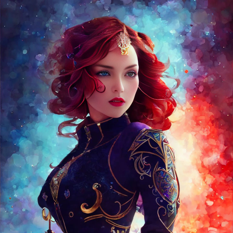 Woman with Red Curly Hair in Fantasy Outfit Against Colorful Background