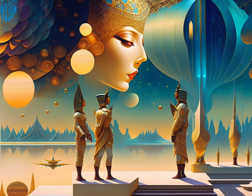 Surreal illustration of guards at temple with giant woman's profile in Egyptian-inspired scene