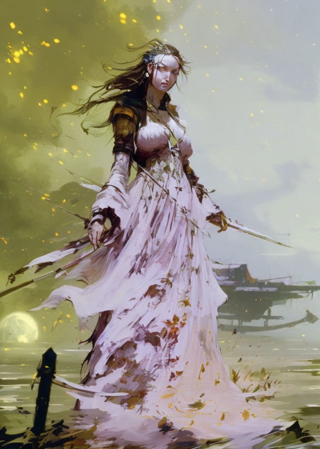 Graceful warrior woman in white and pink gown wields sword in serene landscape