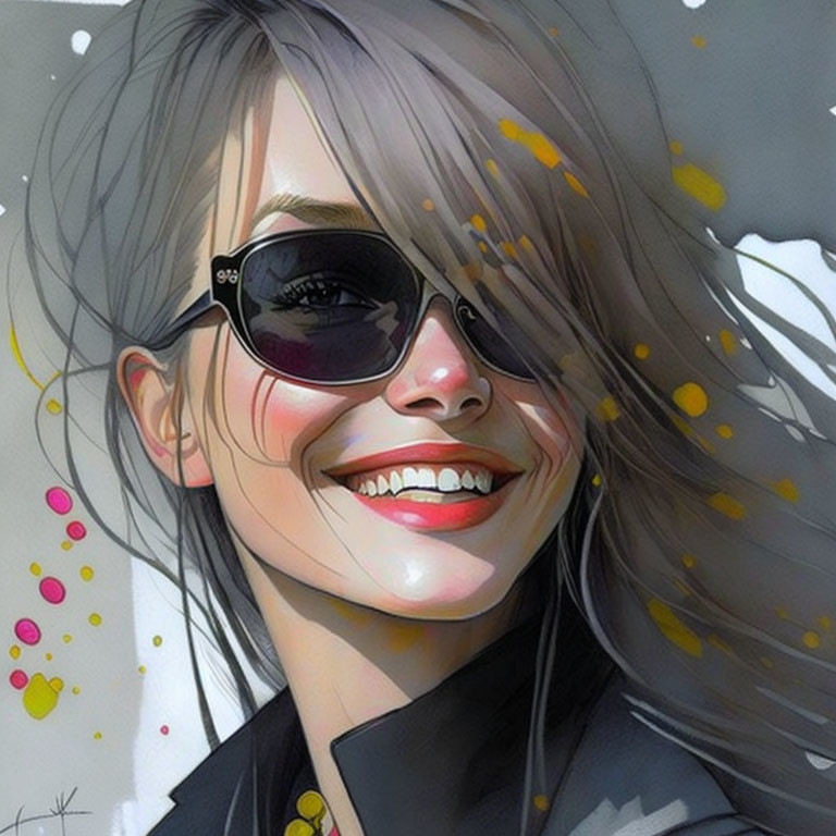 Smiling woman in oversized sunglasses with colorful paint splashes