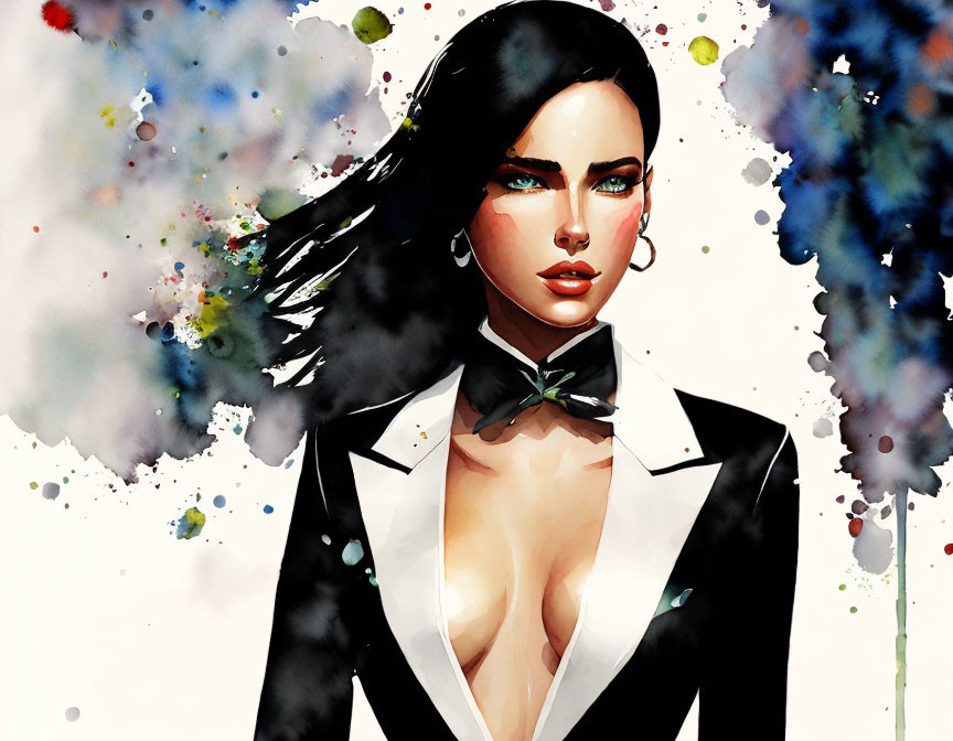 Woman with Blue Eyes in Tuxedo on Watercolor Background