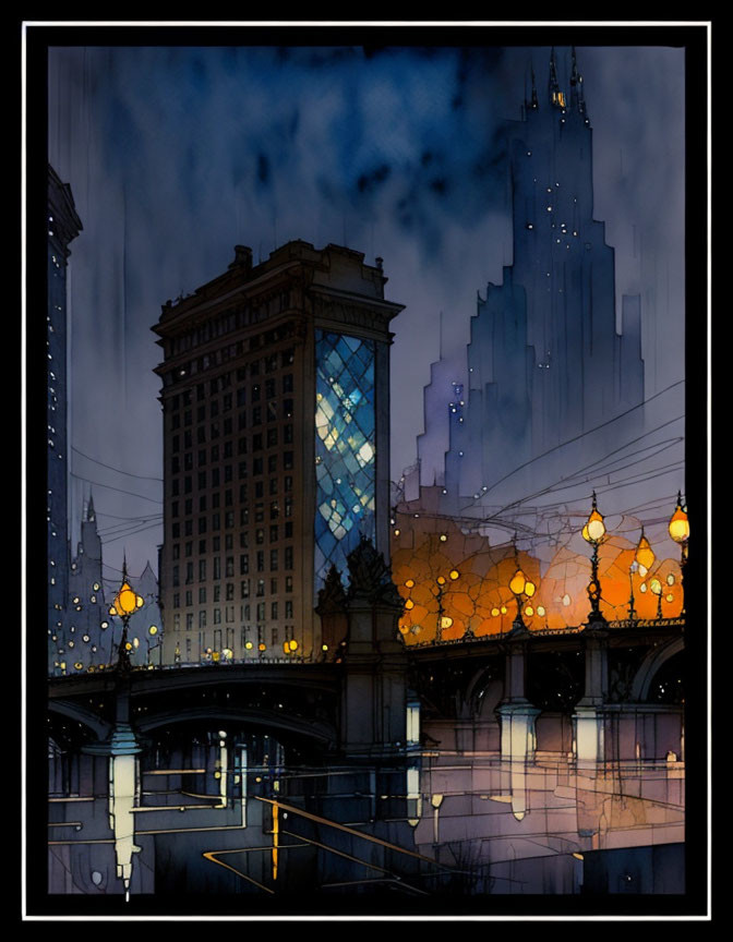 Cityscape illustration: classic building, modern skyscrapers, glowing lights, bridge at night