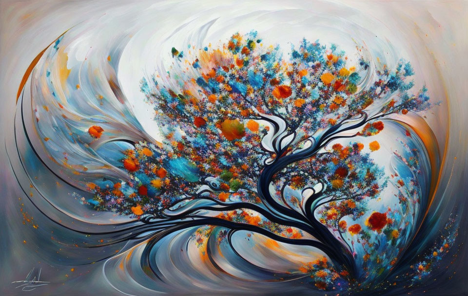 Colorful Abstract Painting with Stylized Tree and Swirling Background