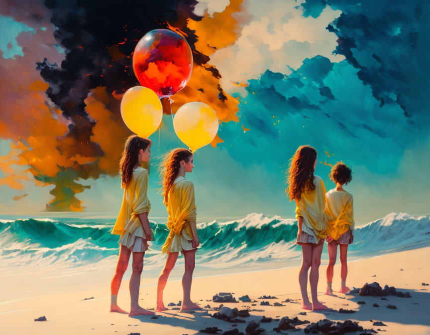 Four individuals on beach with balloons under surreal sky and vibrant turquoise ocean