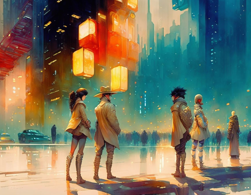 Futuristic sci-fi cityscape with diverse characters under glowing lanterns