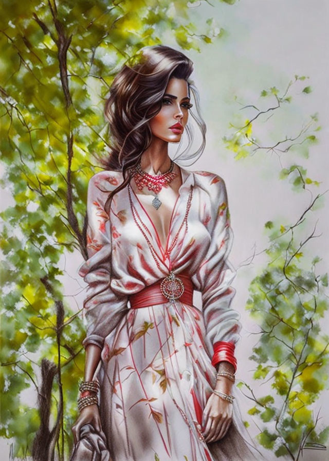 Woman in White Dress with Red Accents in Serene Forest