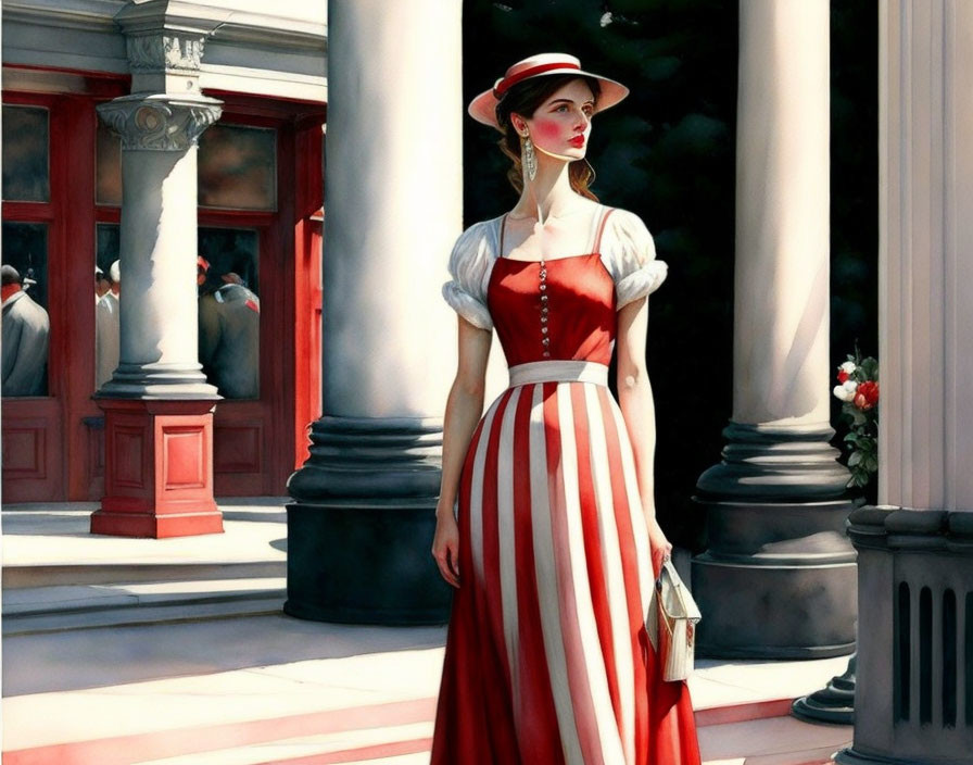 Woman in Red and White Striped Dress Posing by Classical Building