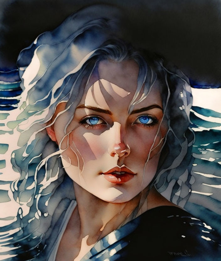 Watercolor Portrait: Woman with Blue Eyes and Wavy Hair in Aquatic Setting