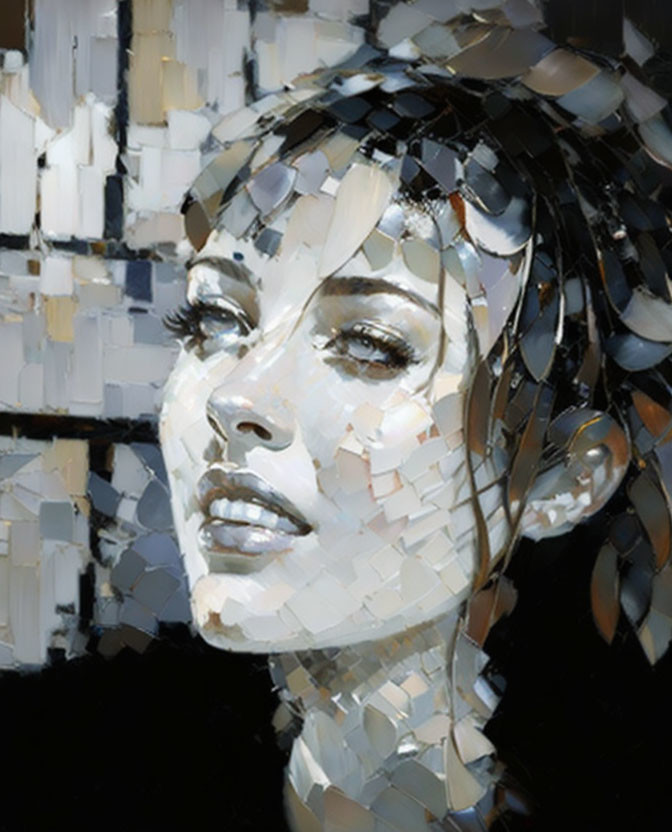 Monochromatic digital painting with mosaic texture of a woman