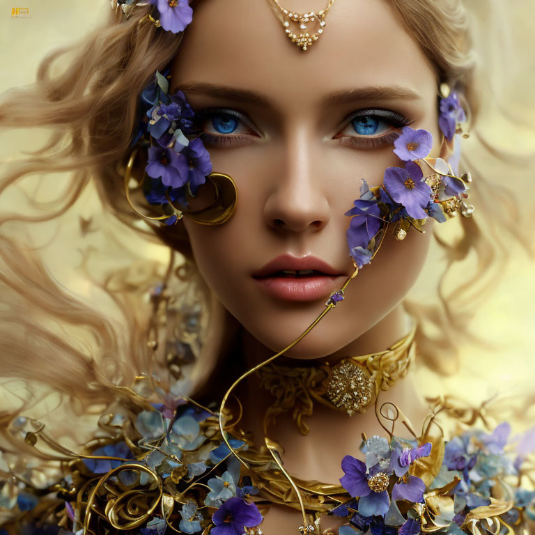 Woman with Blue Eyes, Golden Jewelry, and Blue Flowers in Hair