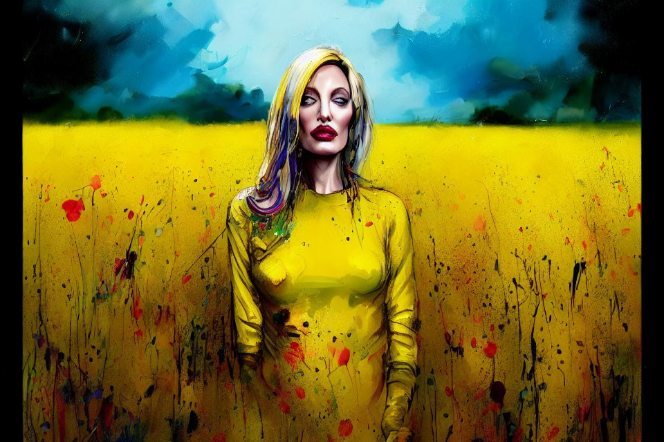 Blonde Woman in Yellow Dress Surrounded by Flowers