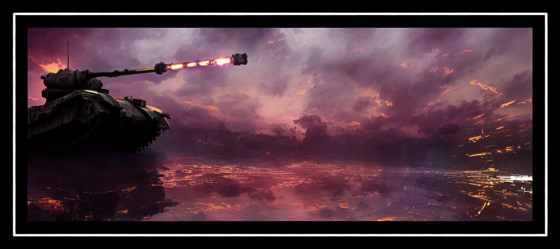 Tank with ablaze barrel in surreal fiery landscape under purple sky