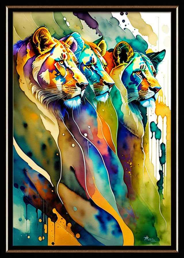 Vibrant abstract painting: Three lion faces with dripping paint, framed and signed