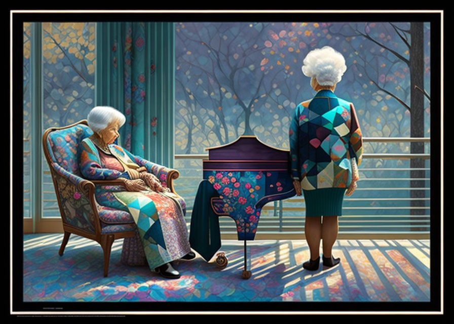 Elderly women in room with vibrant purple piano and floral-patterned window