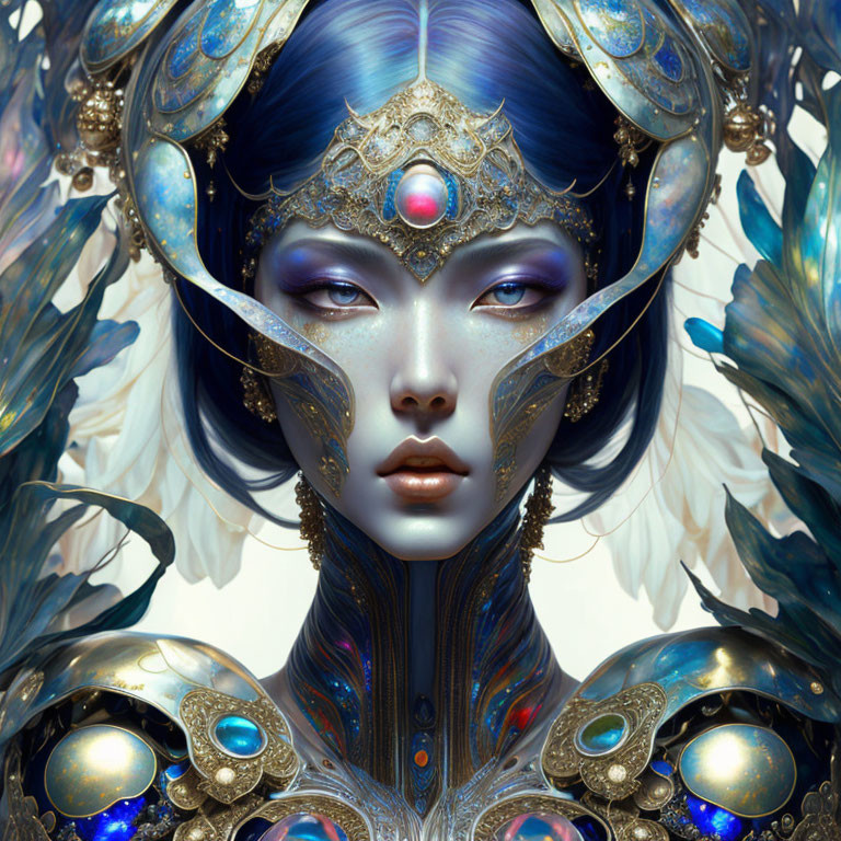 Blue-skinned female figure in ornate headdress and armor with ethereal feathers.