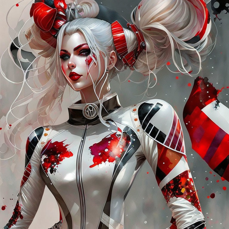 Stylized female character with white hair and red/black attire