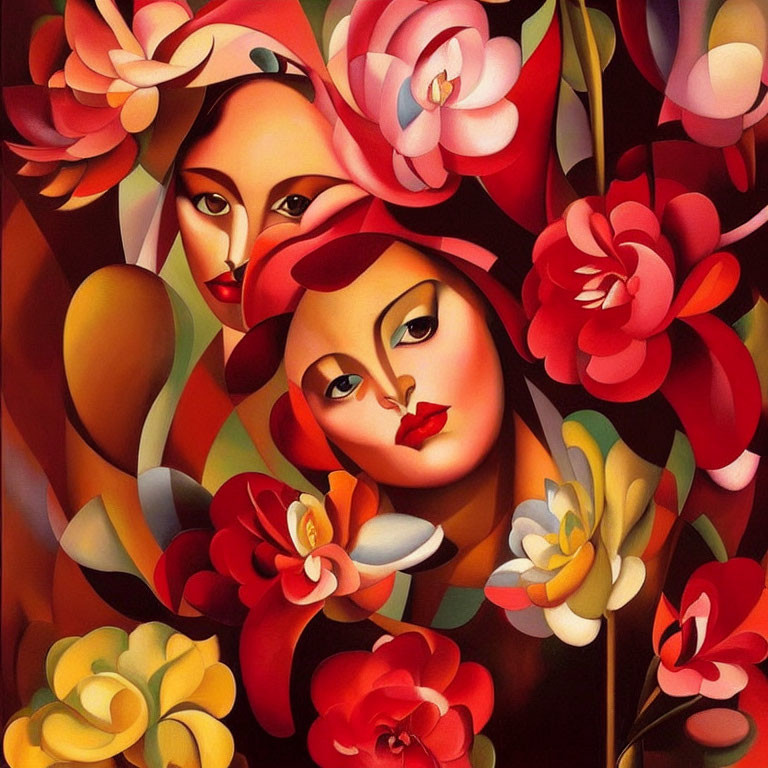 Colorful painting blending two women's faces with flowers on dark background