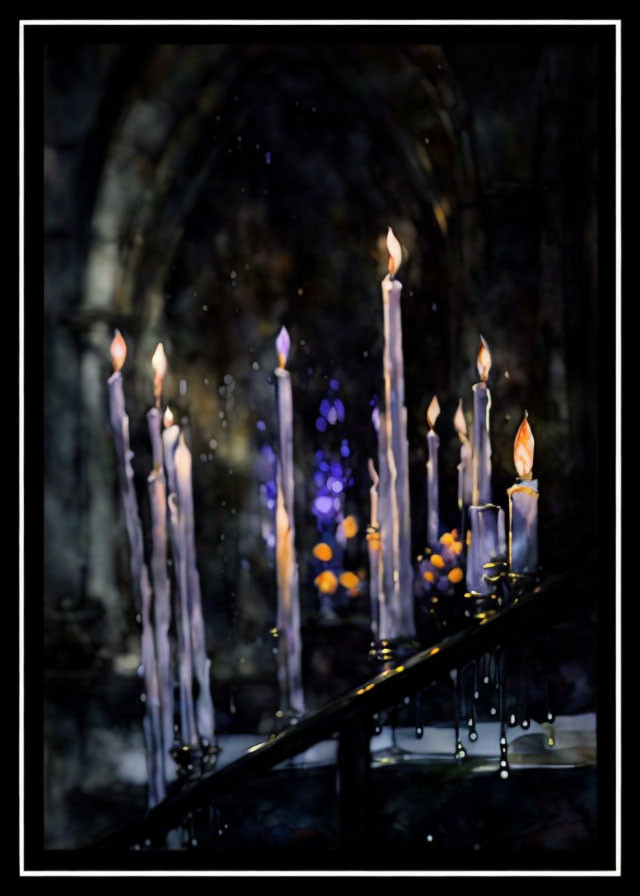 Gothic arch backdrop with lit candles and purple-orange bokeh