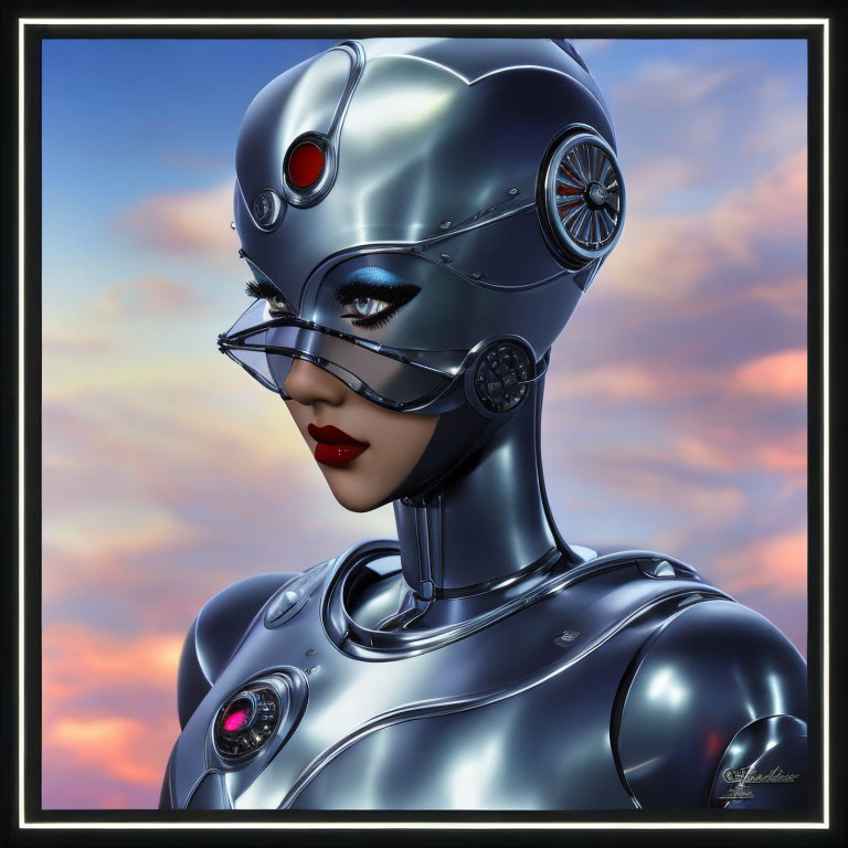 Female robot digital art: sleek silver plating, intricate mechanical details, sunset sky backdrop