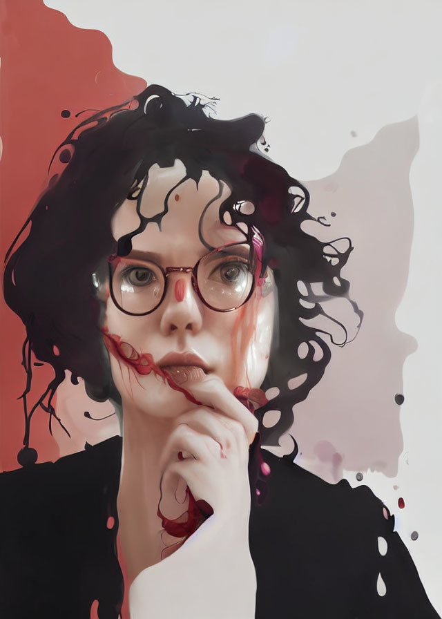 Contemplative person in red glasses with abstract black and red patterns on cream background