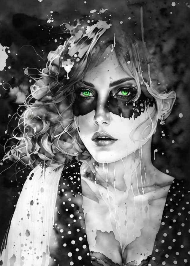 Monochrome portrait of a woman with striking green eyes and black paint splatters