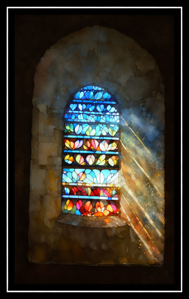 Colorful Patterns Illuminate Stone Wall in Stained Glass Window