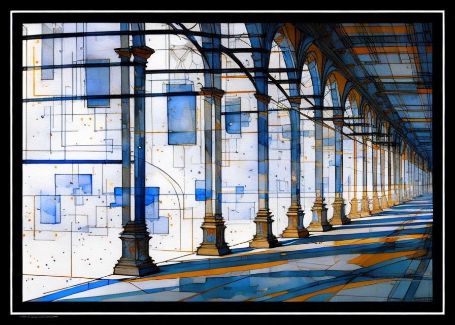 Arcade Illustration with Arches, Columns, and Vanishing Point in Blue and Yellow