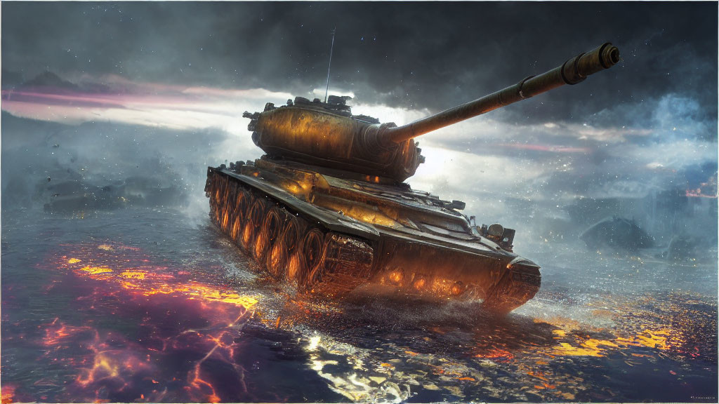 Armored tank navigating rugged, fiery landscape under dramatic sky