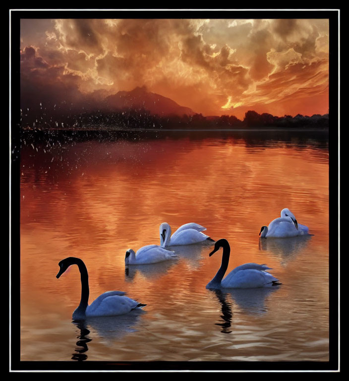 Tranquil Sunset Scene: Five Swans on Vibrant Lake