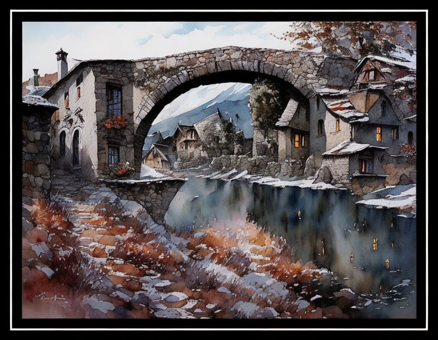 Scenic watercolor painting of stone bridge in rustic village