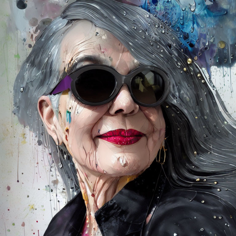 Elderly woman portrait with sunglasses and paint splatters