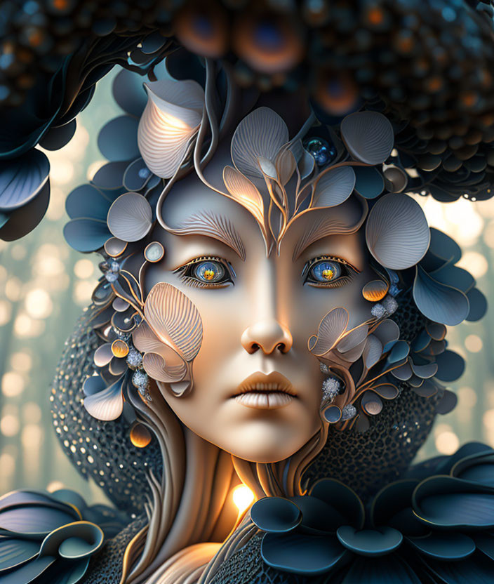 Digital artwork: Woman's face with floral patterns, intricate textures, golden eyes, natural elements.