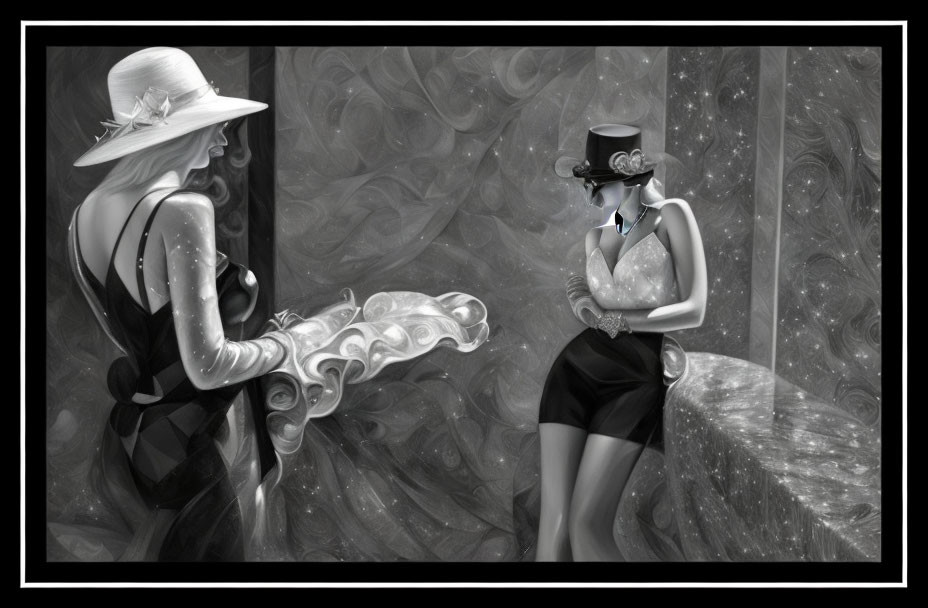 Monochrome digital artwork featuring two stylish women in elegant hats and gloves