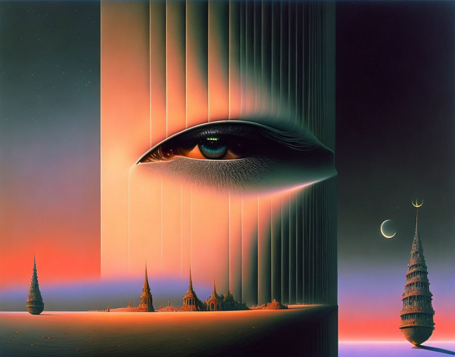 Surreal landscape with giant eye, vertical structures, floating cities, crescent moon