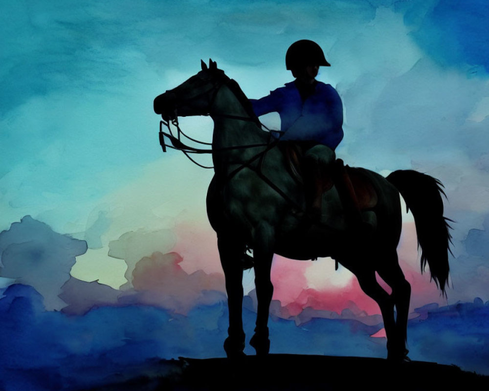 Equestrian scene: Rider on horse in silhouette against blue and pink watercolor sky