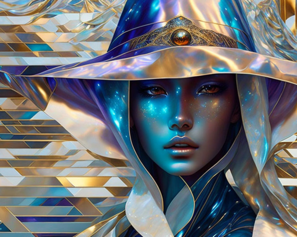 Digital artwork of mystical woman with blue skin and cosmic patterns, draped in golden fabric against geometric backdrop