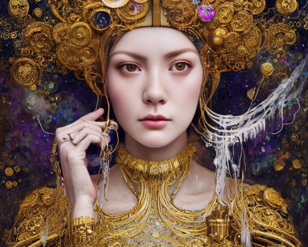 Woman in Golden Headdress with Cosmic Motifs on Starry Background