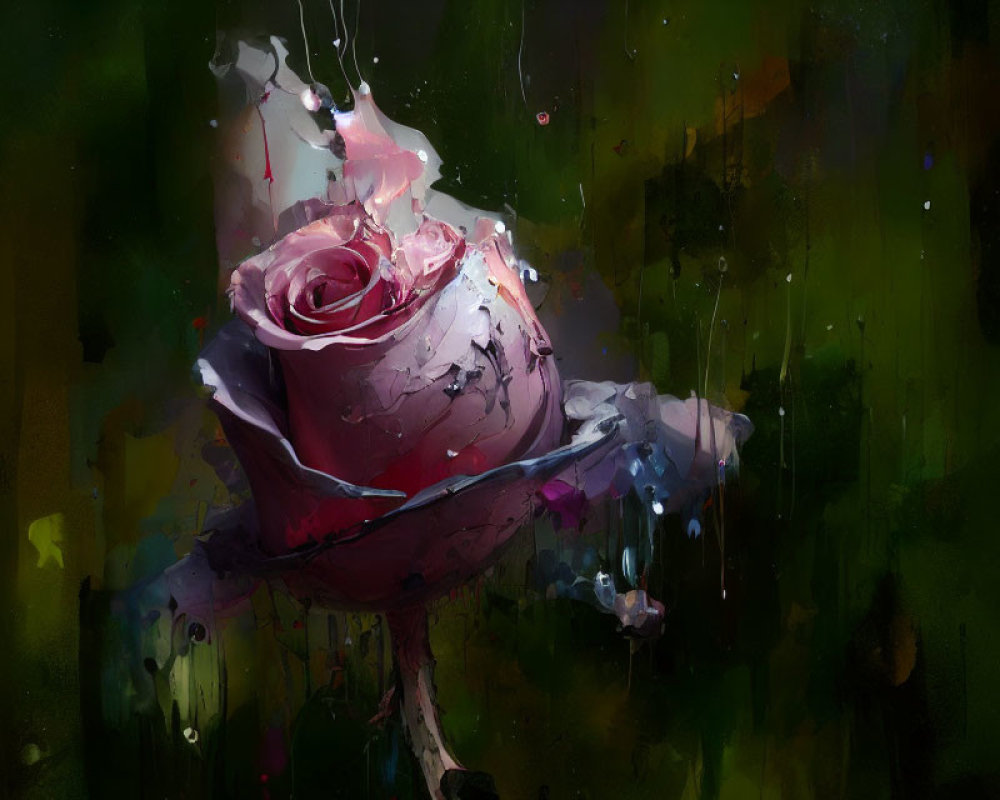 Pink Rose Digital Painting with White and Magenta Splashes on Dark Green Background